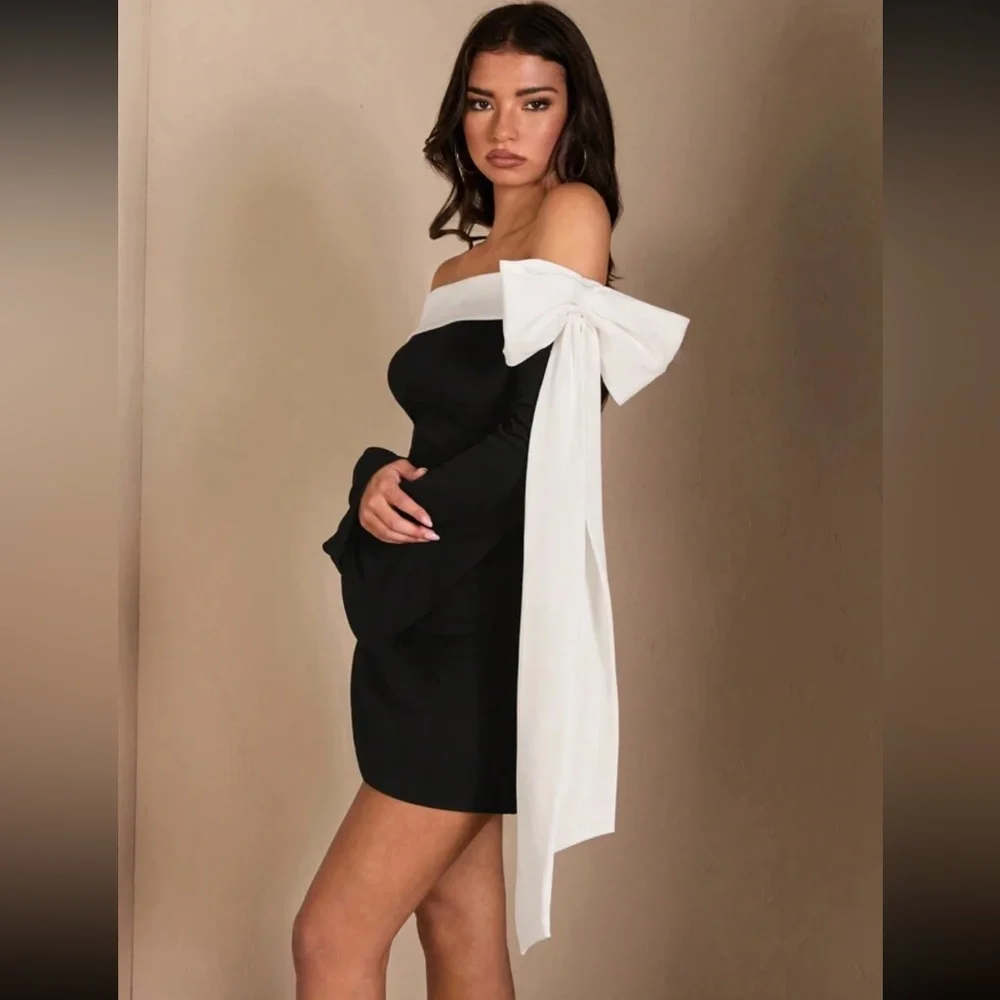 Black & White Bowknot Off-Shoulder Long Sleeve Mini Dress Size Medium NWT - Picture 4 of 10